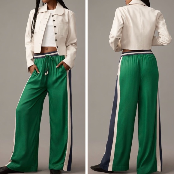 FARM Rio Pants - FARM Rio Wide-Leg Green Race Stripe Twill Trackpants